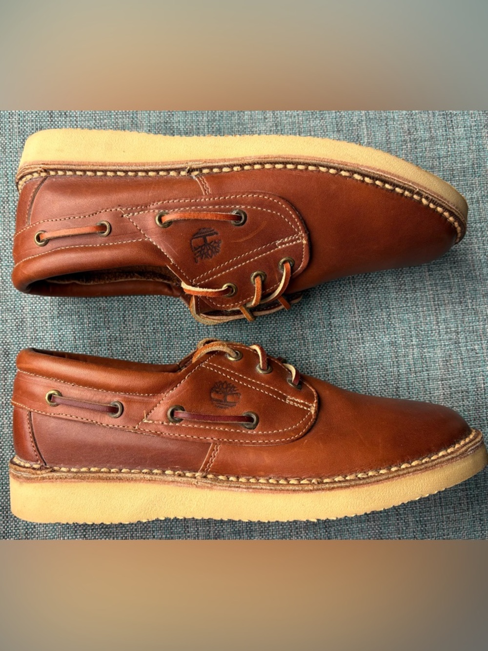 Vintage Timberland 3-Eye Classic Lug Boat Shoe in Cognac Brown Leather - Size 8
